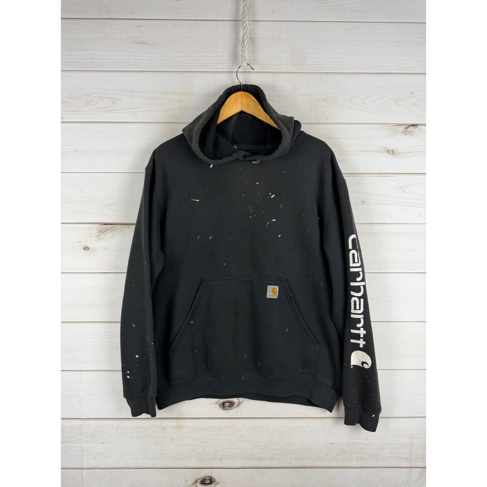 Carhartt Hoodie Mens Black Large Logo Graphic Original Fit Distress Work Grunge